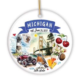 Collectible Ceramic USA Souvenir Keepsakes - Artistic Michigan State Themes and Landmarks Christmas Ornament