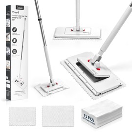2-in-1 Dual Size Hands Free Flat Mop, Snap Grip Mini & Large Mop Compatible with Swiffer Pads, 15 Dry Pads and Reusable Cloths, Lazy Mops for Hardwood, Tile, Walls & Tight Spaces Cleaning