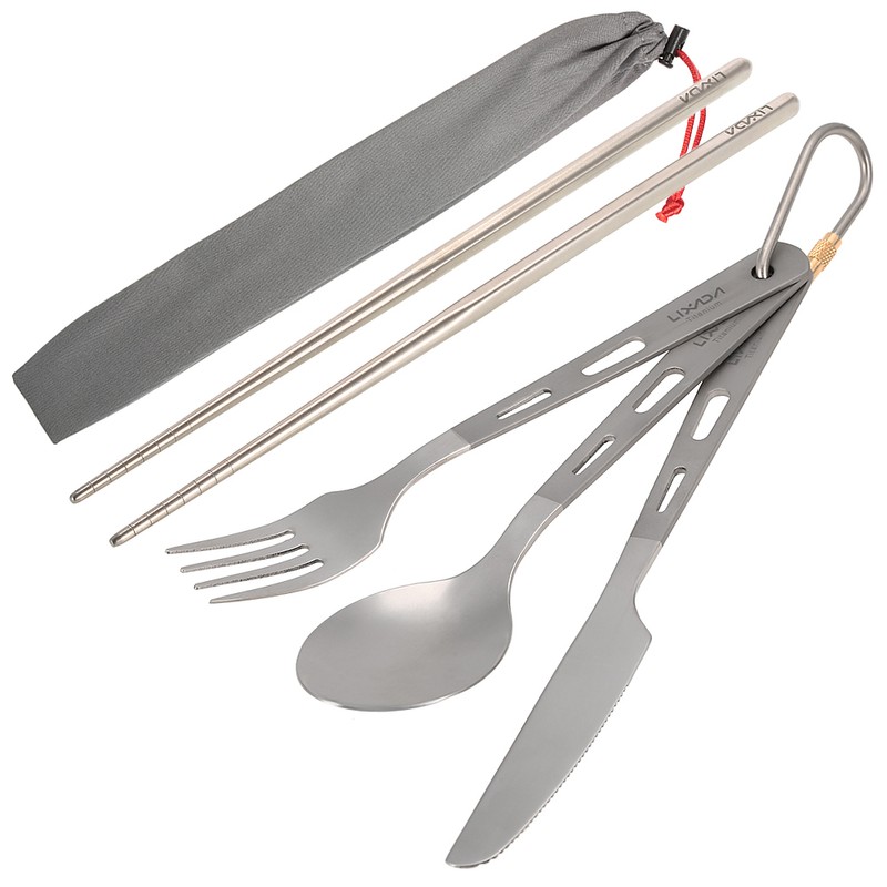 4pcs Titanium Tableware Camping Fork Spoon Cutter Chopsticks Ultra Light