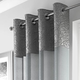 Maple Textiles A Pair of Silver Grey Eyelet Heading Voile Crushed Metallic Satin Curtain Panel Ring Top Available in 3 sizes (2, Grey Silver, 72"(183cm) Drop)