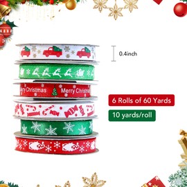 60 Yards 3/8" Christmas Ribbon for Crafts, White Red and Green Holiday Grosgrain Ribbon Christmas Ribbon for Gift Wrapping Festival Holiday Party Hair Bow Clips DIY Crafts Decoration (6 Rolls)
