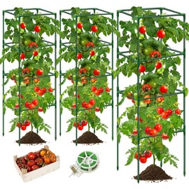 3 Pack Tomato Cages for Garden, Square Tomato Plant Support Cage, Sturdy Tomato Trellis Stakes for Climbing Vegetables Plants Flowers Fruits, Raised Garden Bed, 40 Inches, Green