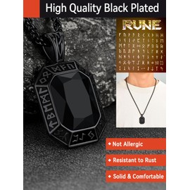 FaithHeart Onyx Jewellery for Men and Women, Stainless Steel Viking Rune Necklace with Onyx Stone, Protection Amulet for Mum, Dad, Lovers, Cubic Zirconia