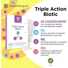 Healthspan Triple Action Biotic | Advanced Gut Health Supplement with Prebiotics, Probiotics & Postbiotics | 20 Billion Live Cultures + Chicory Root Fibre & Tributyrin | With Biotin & Zinc for Digestive & Immune Support | Vegan-Friendly Formula