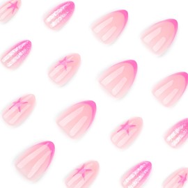 24 Pcs Pink French Press on Nails Short Almond Pink Ombre Fake Nails with Glitter Stars Designs Nude False Nails Full Cover Glossy Acrylic Nail Art Tips Artificial Glue on Nails for Women Manicure