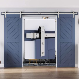 EaseLife 10 FT Heavy Duty Brushed Nickel Double Door Sliding Barn Door Hardware Track Kit,Modern,Sturdy,Slide Smoothly Quietly,Easy Install,Fit Double 30" Wide Door (10FT Track Double Door Kit)