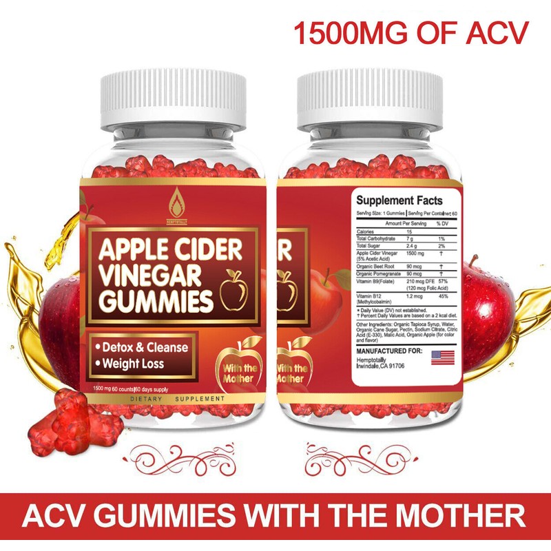 HempTotally Apple Cider Vinegar Gummies with Mother for Weight, Detox
