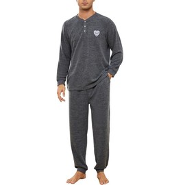 U2SKIIN Mens Henley Collar Pajama Set Long Sleeve Pajamas for Men loungewear Casual Sleepwear Pjs Set(Black Grey Mel., L)