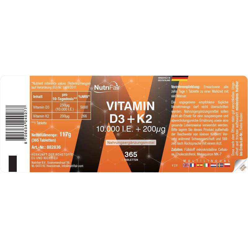 Nutrifair Vitamin D3 + K2, 365 Tablets, Swallow-friendly, 10,000 IU