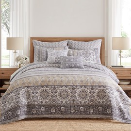 Levtex Home - Lirelle Quilt Set - King Quilt and Two King Shams - Bordered Floral - Grey Tan White and Charcoal - Quilt (106x92in.) and Shams (20x36in.) - Reversible - Cotton