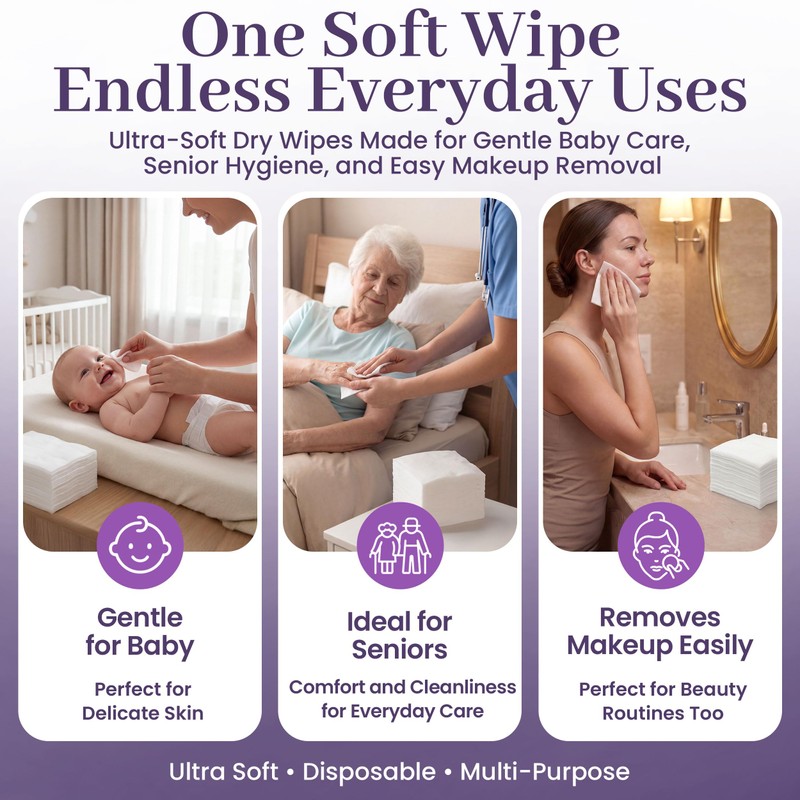 Disposable Dry Wipes, 100 Pack – Ultra Soft Non-Moistened Cleansing