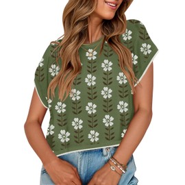 ZESICA Womens Summer Casual Printed Tops Cap Sleeve Crew Neck Cute Knit Sweaters 2025 Trendy Clothes Outfits,Dusty Green,Large