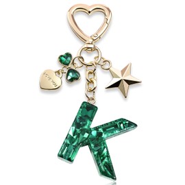 Cute Keychain initial Letter Butterfly Star Pink Purple Bling Gift for Women Girls Bag Cup Charms Accessories (K-green)