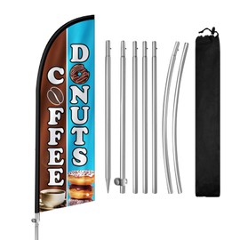 QSUM Coffee Donuts Flag for Business, 8FT Coffee Donuts Feather Flag Banner, Polyester Advertising Swooper Flag with Aluminium Alloy Flag Pole Kit, Stainless Steel, Ground Spike, Portable Bag