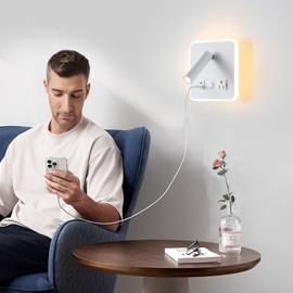 CNMYKYDS LED Wall Mounted Lamp and Reading Light 2-in-1 Multifunctional Wall Sconces. LED Wall Lamp Plug in for Bedroom, Bedside Wall Sconces with USB and Outlet 3W+6W Night Light 3000K (White)