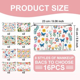 DOODLREAM 16Pcs Canvas Flower Leaves Makeup Bag, 9.06" x 5.9" Spring Floral Cosmetic Bags Travel Organizer Portable Accessories with Zipper, Toiletry Large Capacity, Purse Organizer Pouches