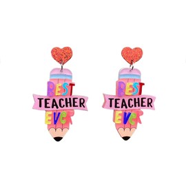 Cute Colorful Pencil Teachers Acrylic Dangle Drop Earrings Funny Heart Shape Book Teacher Earrings for Women Back to School Jewelry Teachers Appreciation Gifts-Pink Pencil