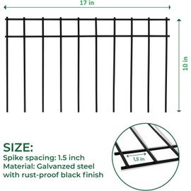 17”x10” (25 Pack) No Dig Animal Barrier Fence with 1.5inch Spike Spacing, 4 Gauge Black Powder Coated Steel - Underground Decorative Garden Dog Fence Ground Stakes for Outdoor Garden Yard Patio