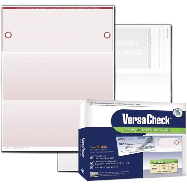 VersaCheck UV Secure Checks - 250 Blank Business Voucher Checks - Burgundy Elite - 250 Sheets Form #1000 - Check on Top