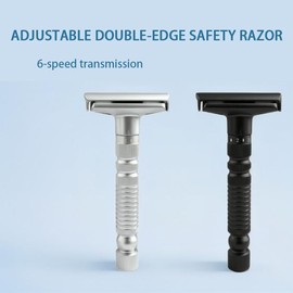 Adjustable double-edged safety razor with 10 platinum-plated stainless steel razor blades + optional stand + complimentary holster, reusable razor, smooth close shave (Silver + base + holster)