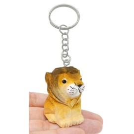Lion Keychain Ring Hook Clip Charm Miniature Wood Mini Figurine Small Animal Male Mane King Feline