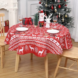 Haperlare Christmas Round Tablecloth 60 Inch, Xmas Tree and Deer Design Table Cloth Waterproof Holiday Decorative Boho Table Cover for Outdoor, Indoor Party Kitchen Dining Room, Red