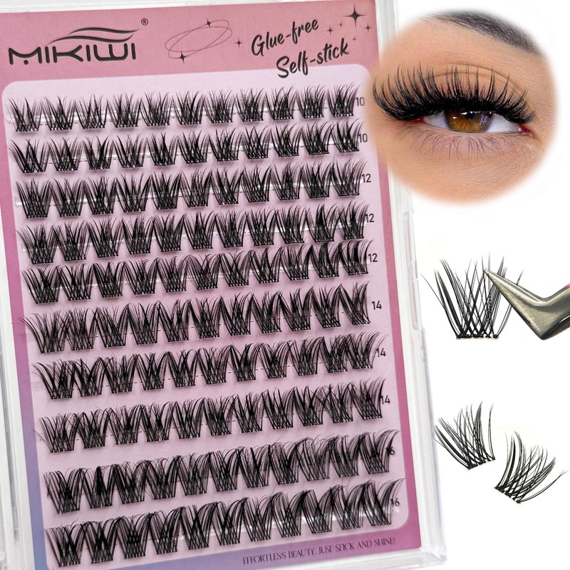 MIKIWI Self Adhesive Eyelashes, 10-16mm Pre Glued Eyelashes Clusters No