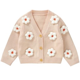 Opewod Baby Girl Cardigan Toddler Warm Knit Sweater V-Neck Button Long Sleeve Coats Fall Winter Clothes Beige 2-3T