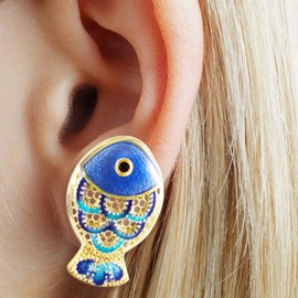 ALiLuYa 925 Sterling Silver Plated Gold Enamel Small Fish Stud Earrings for Women, Cloisonne Ocean Animal Rainbow Fish Hypoallergenic Stud Earrings, Cute Blue Fishing Lure Earrings Jewelry for Women