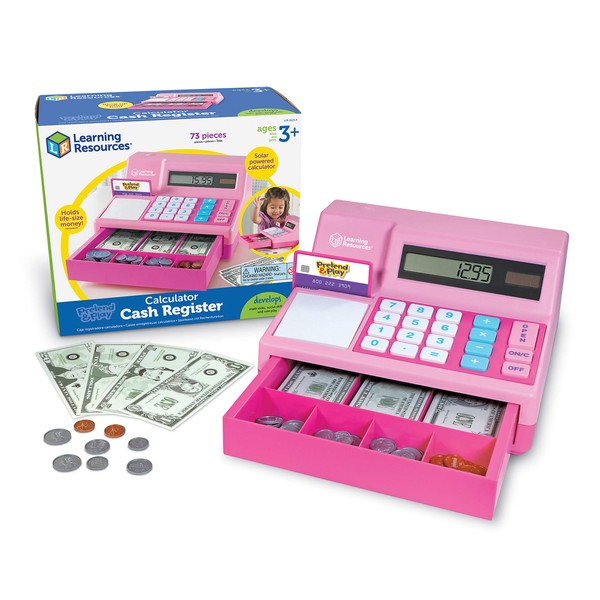 Learning Resources Pretend & Play Calculator Cash Register Pink - 73 Pieces, Ages 3+, Cash Register for Kids, Play Money for Kids, Toddlers Toys, Toy Register, for Kids