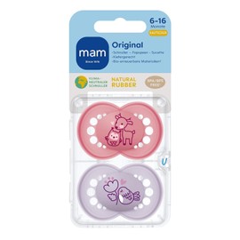 MAM Original Latex Dummy, Set of 2, Dummies Made from Sustainable, Organic Renewable Materials, Baby Dummy with Symmetrical & Orthodontic Teat, 6–16 Months, Deer/Bird.