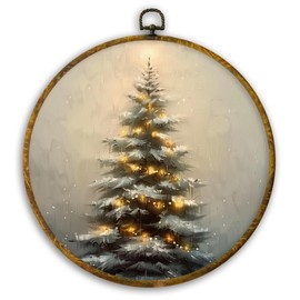 CUANFDDSF Vintage Christmas Tree Round Wall Art Decor, Rustic Cottagecore Forest Winter Xmas Tree Wall Hanging Frame Decor, Farmhouse Christmas Canvas Prints Decorations for Home Bedroom, 10x10 Inch