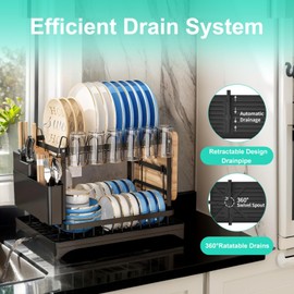 Dish Drying Rack for Kitchen Counter, 2-Tier Stainless Steel Dish Drainer with Drainboard & Utensil Holder, Large Capacity Metal Kitchen Dishes Drying Rack Plate Organizer for Bowls/Cups/Bottles