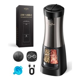 Sangcon Electric Salt and Pepper Grinder Set Shakers 2 IN 1 - USB RECHARGEABLE Salt and Pepper Mill Set All in One, Automatic Refillable Adjustable Coarseness Ceramic Grinder with Light