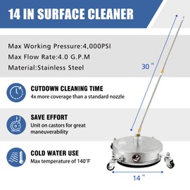 janz 14" Pressure Washer Surface Cleaner with 4 Wheels, Stainless Steel Housing, 1/4" Quick Plug, 2 Extension Wands, 2 Replacement Nozzles and 3 Spray Nozzles, 4000 PSI