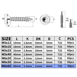Mbsomnus Pack of 30 Wood Screws Torx M6 x 60 mm Screws Stainless Steel A2 V2A Countersunk Screws Wood DIN7991 Chipboard Screws Full Thread Self-Tapping Screws for Furniture Machine Repair