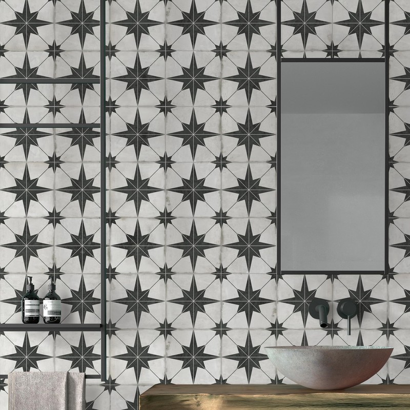 The Tiles Plaza Encaustic Peel and Stick Backsplash, Black Star