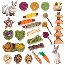 Petawi 30PCS Rabbit Guinea Pig Hamster Toys, Chinchilla Bunny Chew Toys for Teeth Apple Wood Timothy Hay Bamboo Sticks, Carrot Treats Balls for Rabbit Bunny Chinchilla Guinea Pig Hamster Rat