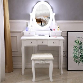 FRITHJILL Makeup Vanity Table w/10 LED Lights Mirror,Vanity Set with Stool&Drawer,Wood Dressing Table,White