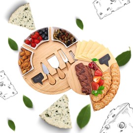 Bamboo Cheese Board and Knife Set - 13 inch Charcuterie Board and Serving Platter with 3 ceramic Bowls - Unique House Warming Gift