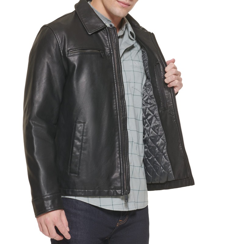 Dockers Men's James Faux Leather Jacket, Black w. Chest Zip,