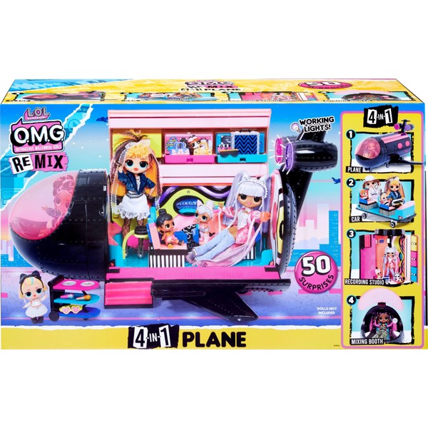 L.O.L. Surprise! Remix 4 in 1 Exclusive Plane Playset Transforms 50 Surprises - Airplane, Car, Recording Studio, Mixing Booth with Colorful Doll Accessories, Play Set Gift for Kids Ages 6-11