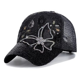 ANKOMINA Women's Sparkly Sequin Butterfly Baseball Cap Trucker Mesh Ponytail Cap Shiny Casual Sports Sun Hat Black