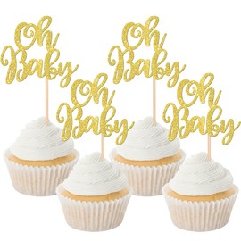 24 piezas de adornos para cupcakes de bebé con purpurina, para baby shower, decoración de tartas para baby shower, niños y niñas, suministros de decoración de pasteles de color dorado