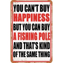 Funny Metal Signs Fishing Sign Fish Wall Art Decor You Can't Buy Happiness But You Can Buy A Fishing Pole Tin Sign Fish Bathroom Decor Beach Themed Decor For Home Room Gone Fishing Party Decorations
