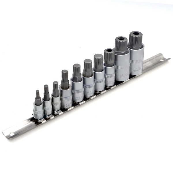 DAKCOS 10pcs Spline Socket Set,M-Type,M4-M18 for 1/2",3/8",1/4" Drive,Triple Square Spline