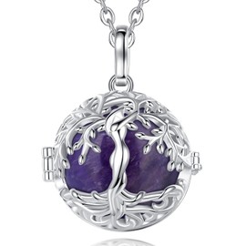 INFUSEU Tree of Life Necklace Amethyst Crystal Jewelry for Women Healing Purple Stone Pendant Positive Energy Protection Mood Rock Holder Cage Spiritual Gifts