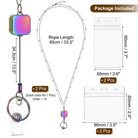 PATIKIL Badge Necklace Lanyard with ID Holder,2Pcs 301 Stainless Steel Retractable Square Badge Reel Lanyard Clip Chain with 2 Set ID Holder for Office Card Key,Rainbow Color/Rose Gold