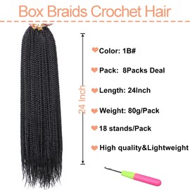 Mscat 8 Packungen 61 cm Box Braids Crochet Hair Pre-looped Knotless Medium 3X Braids 144 Strähnen Boho Braids Haarverlängerungen Lange Box Braids Schwarz Synthetische Häkelhaar für Frauen (1B#)