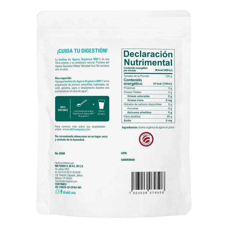 Inulina Agave Orgánica Fibra Prebiótica 300 Nbf